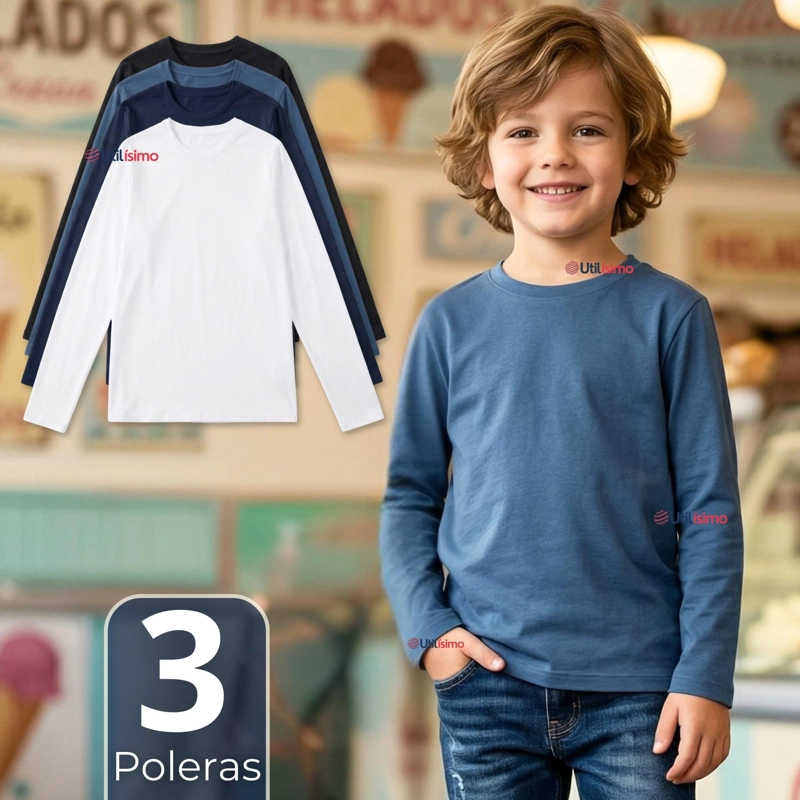 PACK 3 POLERAS CAMISETAS BAMBU CUELLO REDONDO PRIMERA CAPA MANGA LARGA COLORES SURTIDO NIÑO - 1