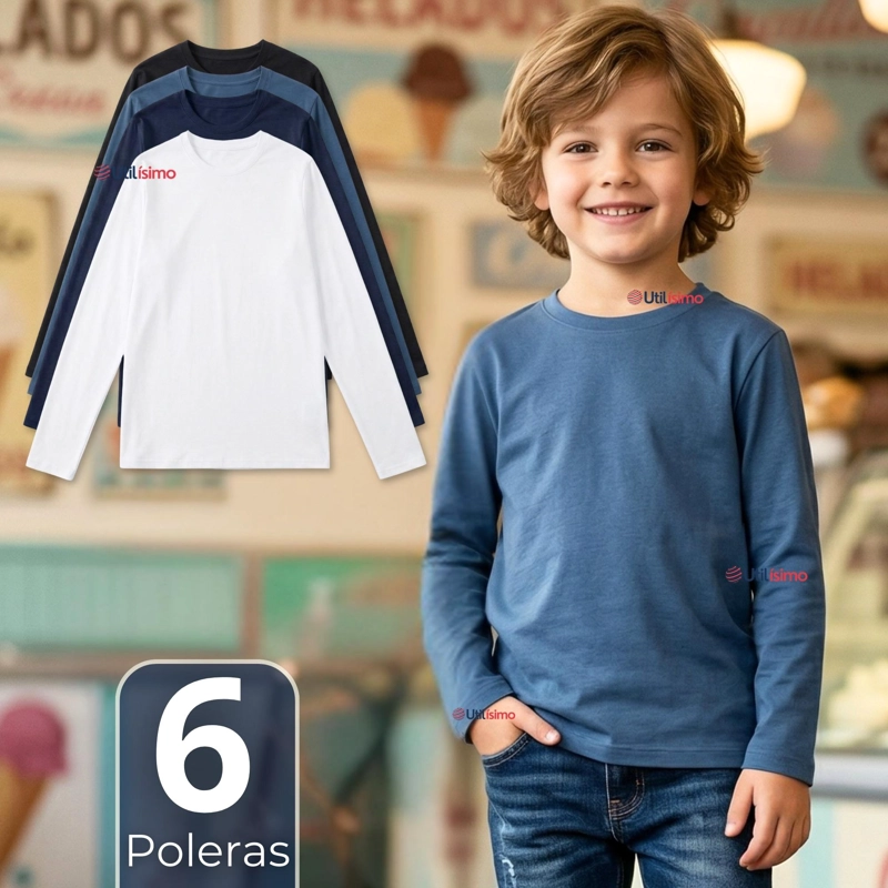 PACK 6 POLERAS CAMISETAS BAMBU CUELLO REDONDO PRIMERA CAPA MANGA LARGA COLORES SURTIDO NIÑO - 1