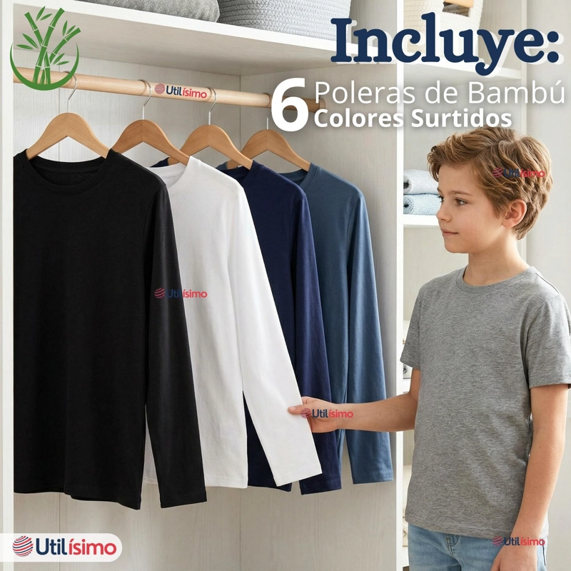 PACK 6 POLERAS CAMISETAS BAMBU CUELLO REDONDO PRIMERA CAPA MANGA LARGA COLORES SURTIDO NIÑO - 4