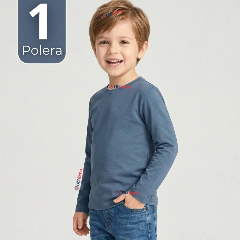 POLERA CAMISETA BAMBU AZUL CLARO CUELLO REDONDO PRIMERA CAPA MANGA LARGA NIÑO - 1