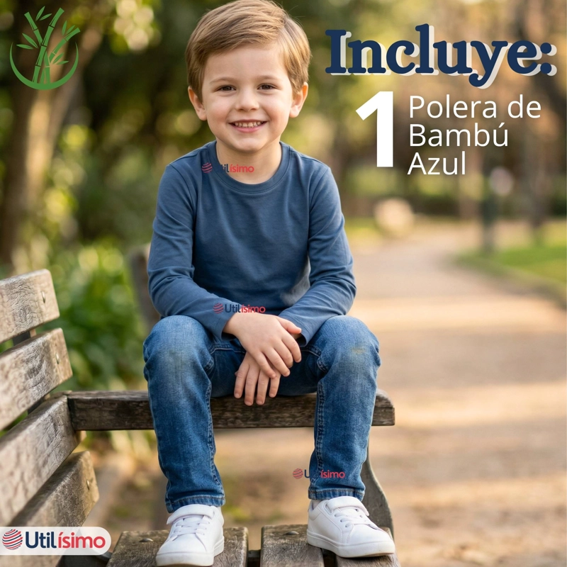 POLERA CAMISETA BAMBU AZUL CLARO CUELLO REDONDO PRIMERA CAPA MANGA LARGA NIÑO - 2