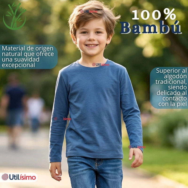 POLERA CAMISETA BAMBU AZUL CLARO CUELLO REDONDO PRIMERA CAPA MANGA LARGA NIÑO - 4