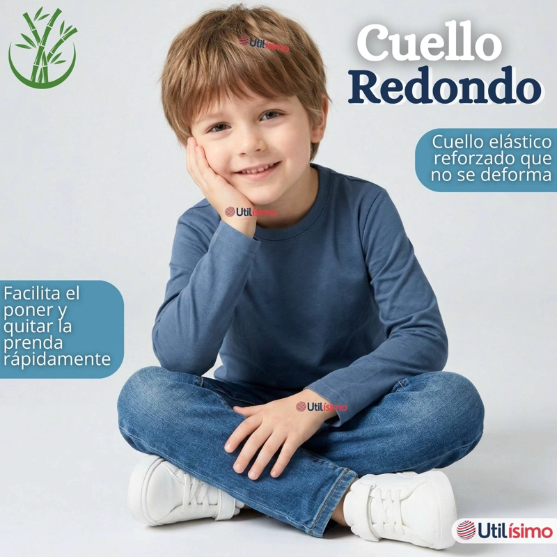 POLERA CAMISETA BAMBU AZUL CLARO CUELLO REDONDO PRIMERA CAPA MANGA LARGA NIÑO - 7