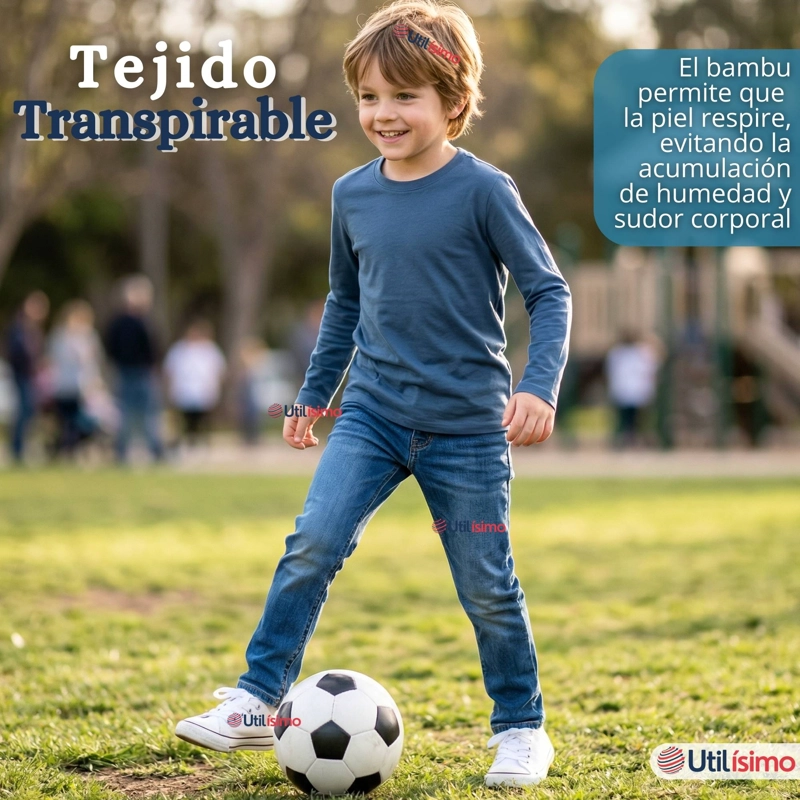 POLERA CAMISETA BAMBU AZUL CLARO CUELLO REDONDO PRIMERA CAPA MANGA LARGA NIÑO - 8