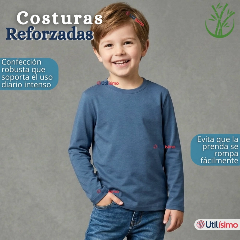 POLERA CAMISETA BAMBU AZUL CLARO CUELLO REDONDO PRIMERA CAPA MANGA LARGA NIÑO - 9