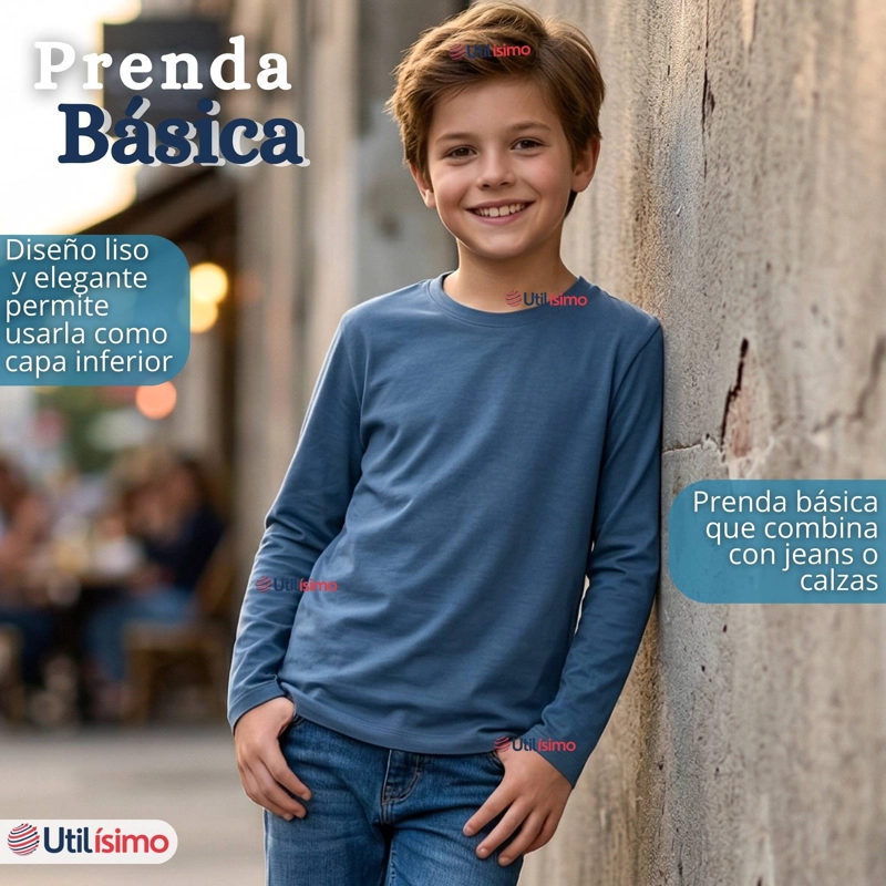 POLERA CAMISETA BAMBU AZUL CLARO CUELLO REDONDO PRIMERA CAPA MANGA LARGA NIÑO - 10