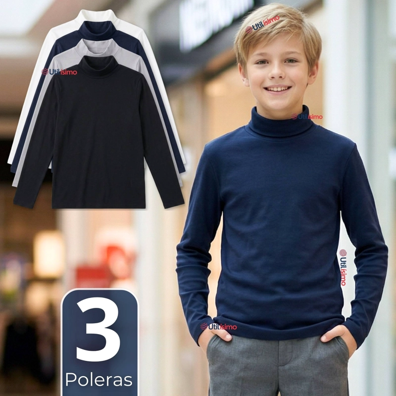 PACK 3 POLERAS CAMISETAS POLAR PRIMERA CAPA BEATLE MANGA LARGA COLORES SURTIDO NIÑO - 1