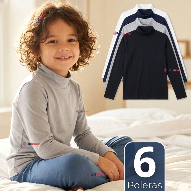 PACK 6 POLERAS CAMISETAS POLAR PRIMERA CAPA BEATLE MANGA LARGA COLORES SURTIDO NIÑO - 1