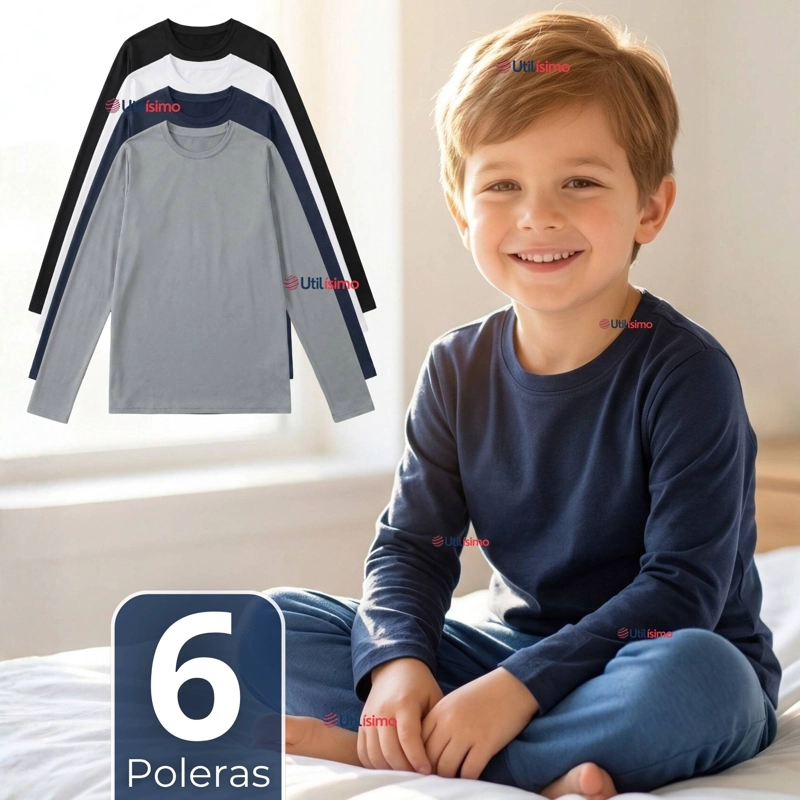 PACK 6 POLERAS BASICA CAMISETAS POLAR PRIMERA CAPA CUELLO REDONDO MANGA LARGA COLORES SURTIDO NIÑO - 1