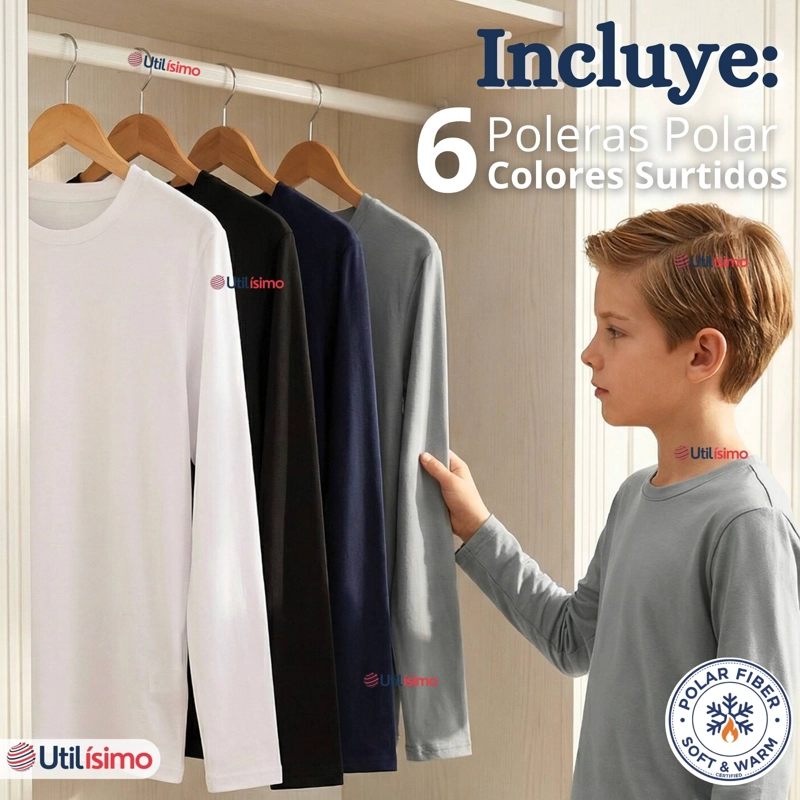PACK 6 POLERAS BASICA CAMISETAS POLAR PRIMERA CAPA CUELLO REDONDO MANGA LARGA COLORES SURTIDO NIÑO - 3
