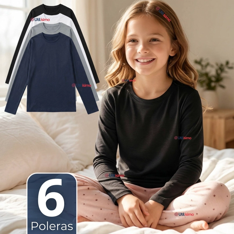 PACK 6 POLERAS CAMISETAS POLAR PRIMERA CAPA CUELLO REDONDO MANGA LARGA COLORES SURTIDO NIÑA - 1