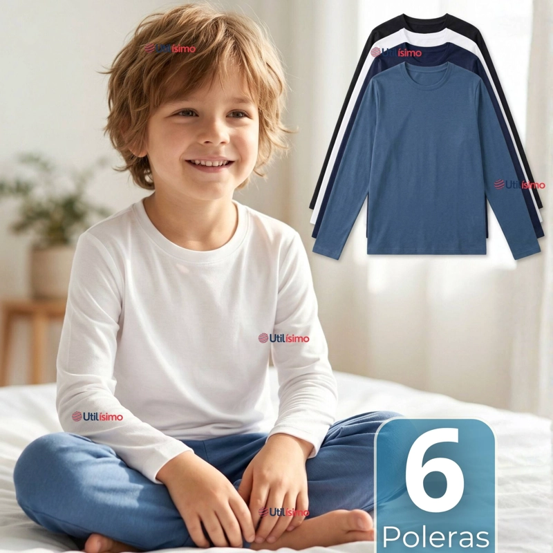 PACK 6 POLERAS CAMISETAS BAMBU CUELLO REDONDO PRIMERA CAPA MANGA LARGA COLORES SURTIDO NIÑO - 1