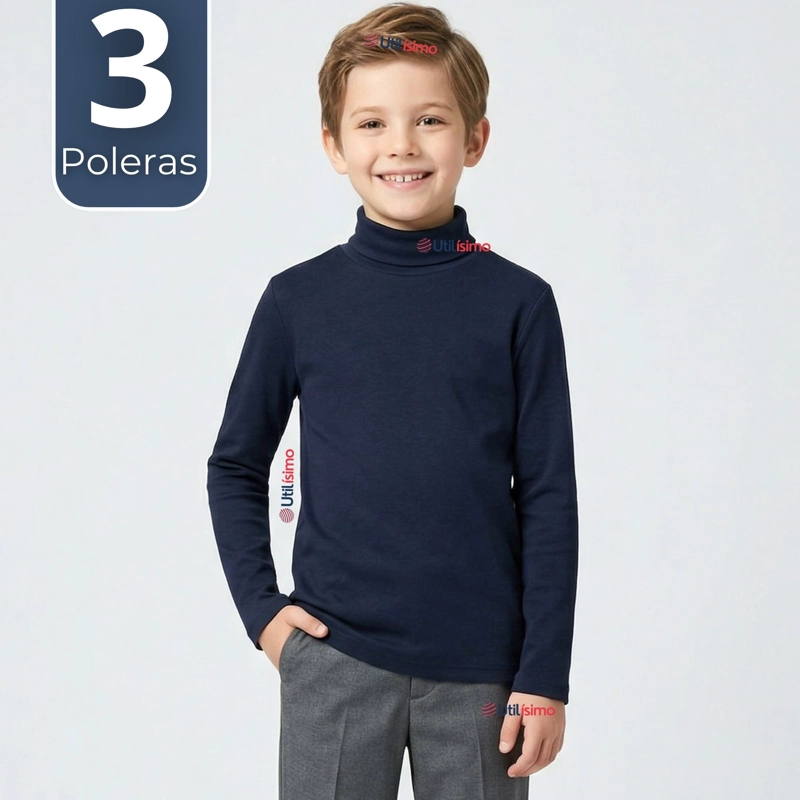PACK 3 POLERAS CAMISETAS POLAR AZUL OSCURO PRIMERA CAPA BEATLE MANGA LARGA NIÑO - 1