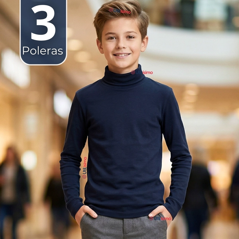 PACK 3 POLERAS CAMISETAS POLAR AZUL OSCURO PRIMERA CAPA BEATLE MANGA LARGA NIÑO - 1