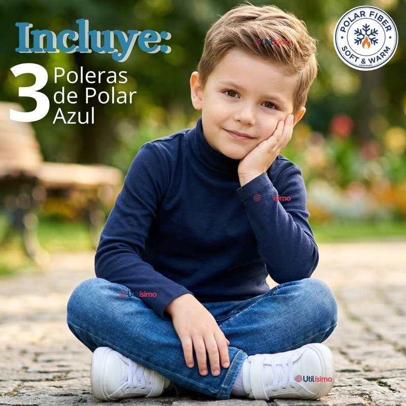 PACK 3 POLERAS CAMISETAS POLAR AZUL OSCURO PRIMERA CAPA BEATLE MANGA LARGA NIÑO - 2