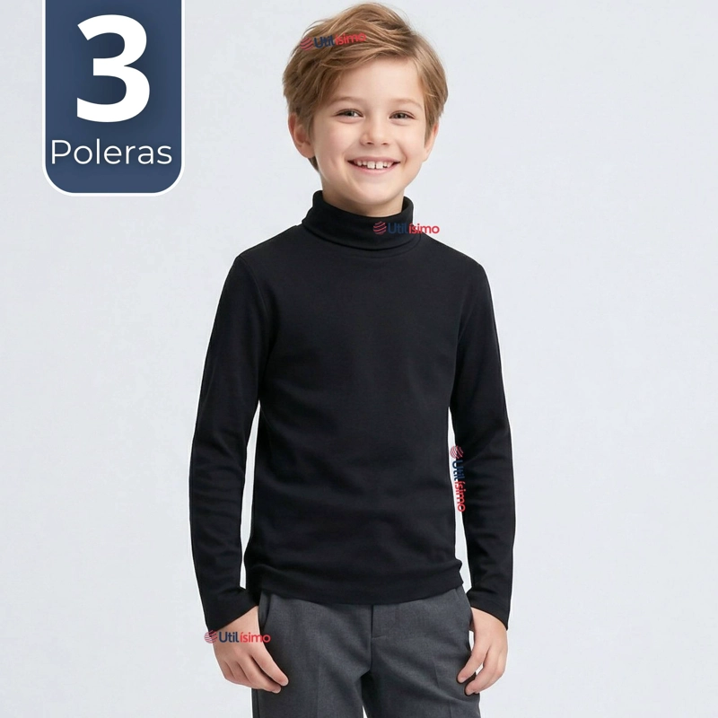 PACK 3 POLERAS CAMISETAS POLAR NEGRA PRIMERA CAPA BEATLE MANGA LARGA NIÑO - 1