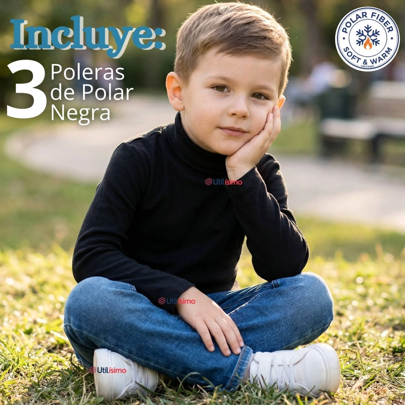 PACK 3 POLERAS CAMISETAS POLAR NEGRA PRIMERA CAPA BEATLE MANGA LARGA NIÑO - 2