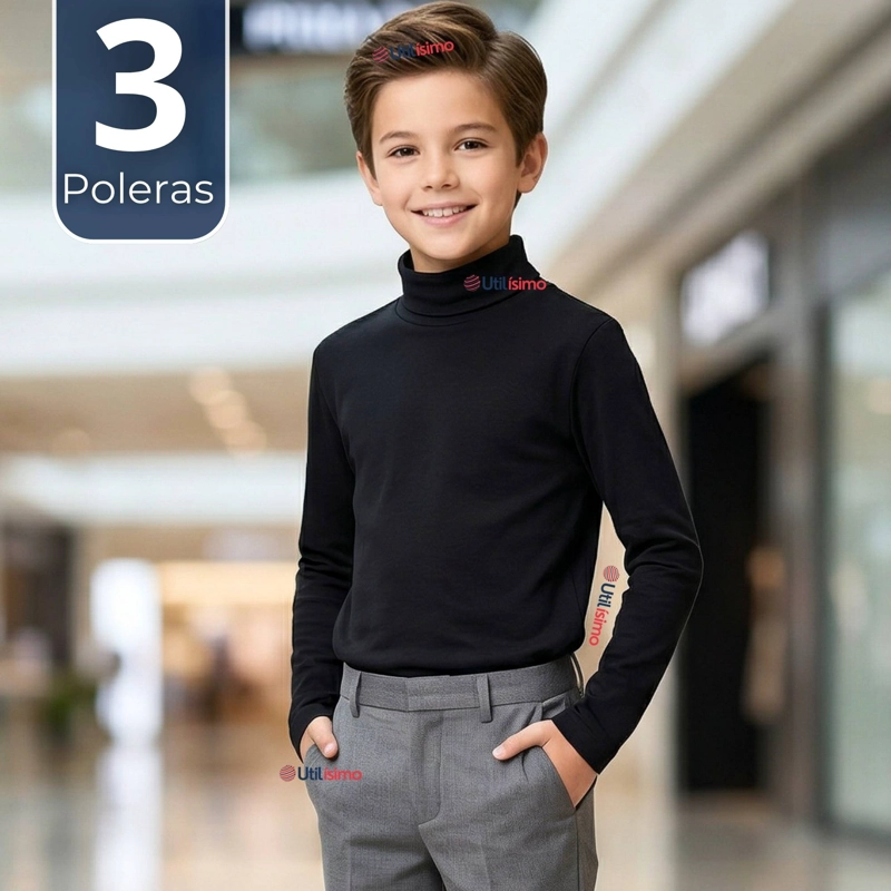 PACK 3 POLERAS CAMISETAS POLAR NEGRA PRIMERA CAPA BEATLE MANGA LARGA NIÑO - 1