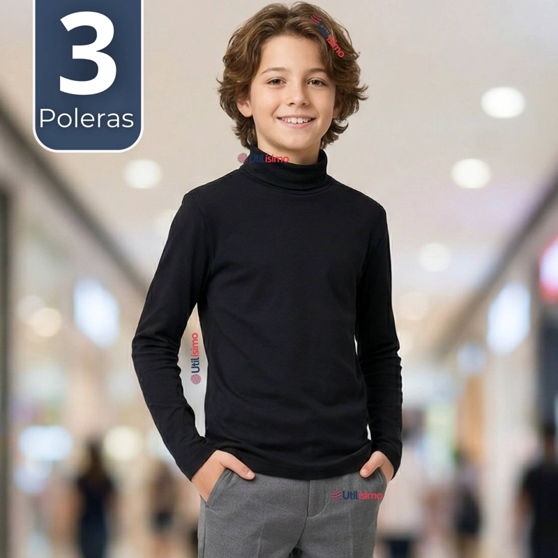 PACK 3 POLERAS CAMISETAS POLAR NEGRA PRIMERA CAPA BEATLE MANGA LARGA NIÑO - 1