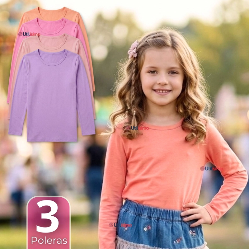 PACK 3 CAMISETAS POLERA BAMBU CUELLO REDONDO PRIMERA CAPA MANGA LARGA COLORES SURTIDO NIÑA - 1