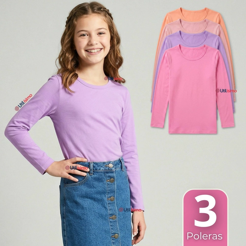 PACK 3 CAMISETAS POLERA BAMBU CUELLO REDONDO PRIMERA CAPA MANGA LARGA COLORES SURTIDO NIÑA - 1