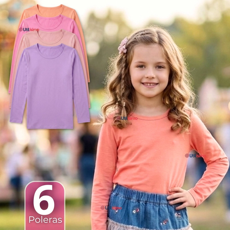 PACK 6 CAMISETAS POLERA BAMBU CUELLO REDONDO PRIMERA CAPA MANGA LARGA COLORES SURTIDO NIÑA - 1