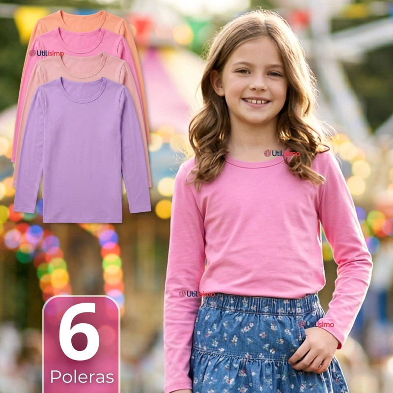 PACK 6 CAMISETAS POLERA BAMBU CUELLO REDONDO PRIMERA CAPA MANGA LARGA COLORES SURTIDO NIÑA - 1