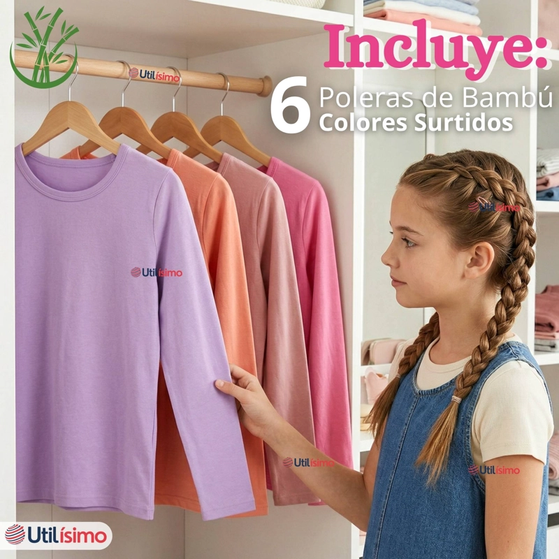 PACK 6 CAMISETAS POLERA BAMBU CUELLO REDONDO PRIMERA CAPA MANGA LARGA COLORES SURTIDO NIÑA - 2