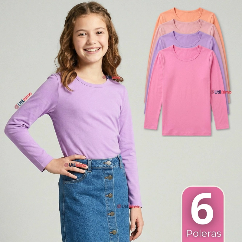 PACK 6 CAMISETAS POLERA BAMBU CUELLO REDONDO PRIMERA CAPA MANGA LARGA COLORES SURTIDO NIÑA - 1