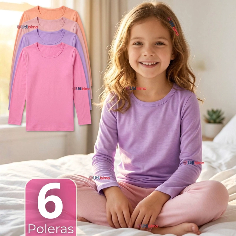 PACK 6 CAMISETAS  BASICA POLERA BAMBU CUELLO REDONDO PRIMERA CAPA MANGA LARGA COLORES SURTIDO NIÑA - 1