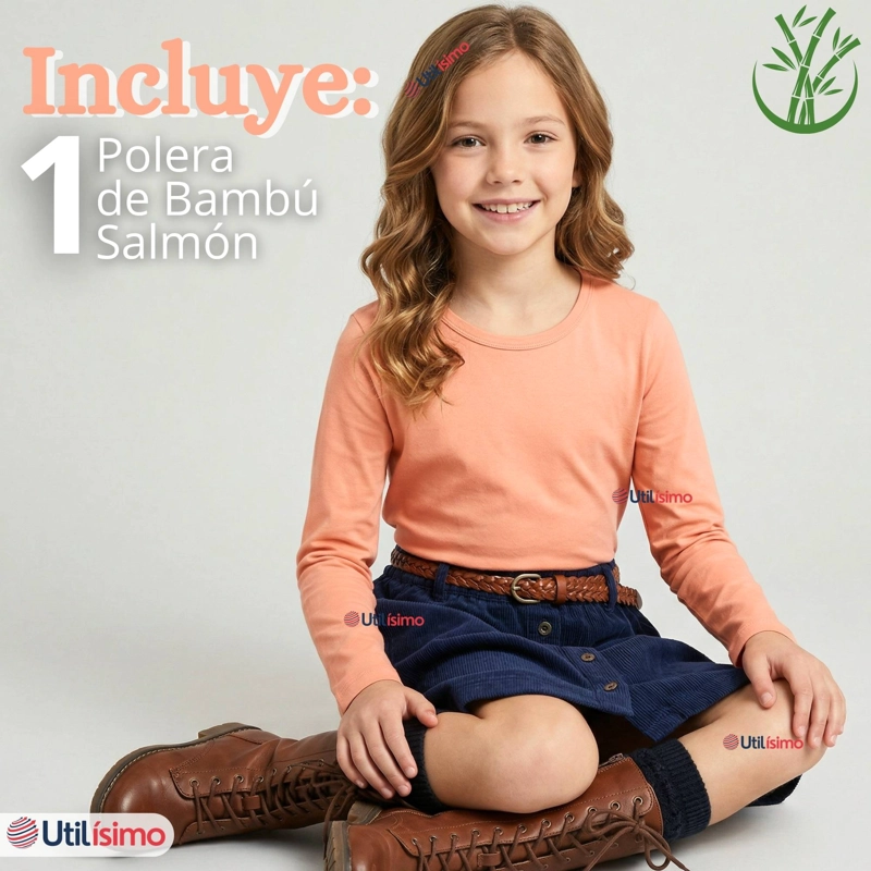 CAMISETA POLERA BAMBU CUELLO REDONDO SALMON PRIMERA CAPA MANGA LARGA NIÑA - 2