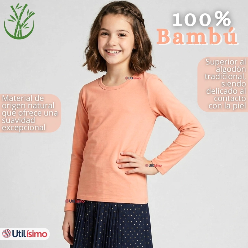 CAMISETA POLERA BAMBU CUELLO REDONDO SALMON PRIMERA CAPA MANGA LARGA NIÑA - 4