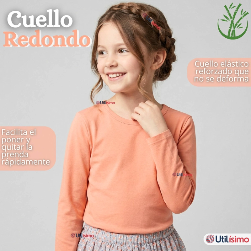 CAMISETA POLERA BAMBU CUELLO REDONDO SALMON PRIMERA CAPA MANGA LARGA NIÑA - 8