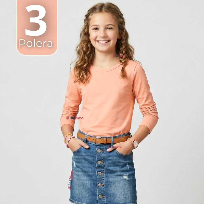 PACK 3 CAMISETAS POLERAS BAMBU CUELLO REDONDO SALMON PRIMERA CAPA MANGA LARGA NIÑA - 1