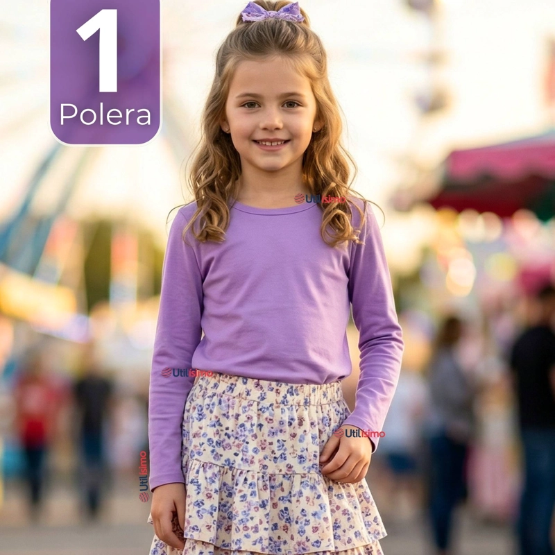 CAMISETA POLERA BAMBU CUELLO REDONDO LILA PRIMERA CAPA MANGA LARGA NIÑA - 1