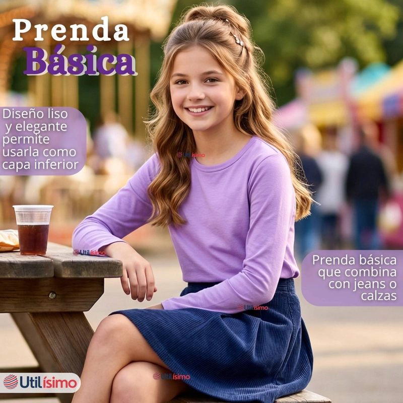 CAMISETA POLERA BAMBU CUELLO REDONDO LILA PRIMERA CAPA MANGA LARGA NIÑA - 9