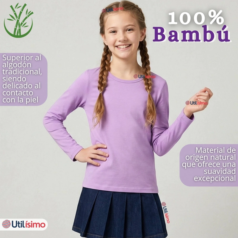 CAMISETA POLERA BAMBU CUELLO REDONDO LILA PRIMERA CAPA MANGA LARGA NIÑA - 4