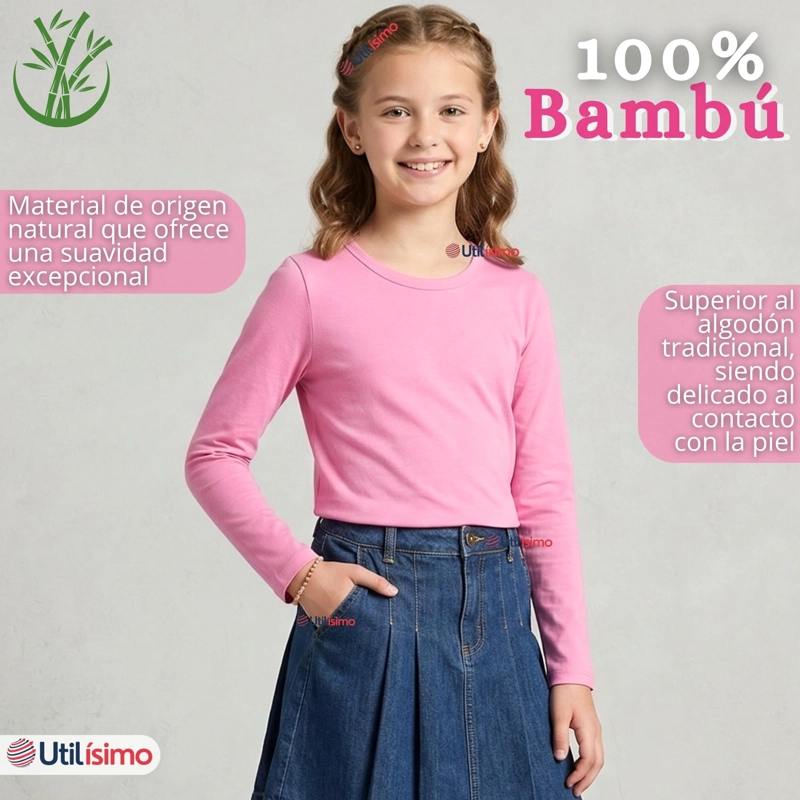 CAMISETA POLERA BAMBU CUELLO REDONDO ROSADO OSCURO PRIMERA CAPA MANGA LARGA NIÑA - 4