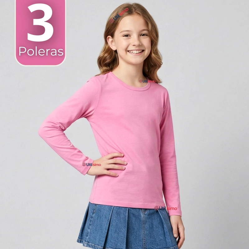 PACK 3 CAMISETAS POLERAS BAMBU CUELLO REDONDO ROSADO OSCURO PRIMERA CAPA MANGA LARGA NIÑA - 1