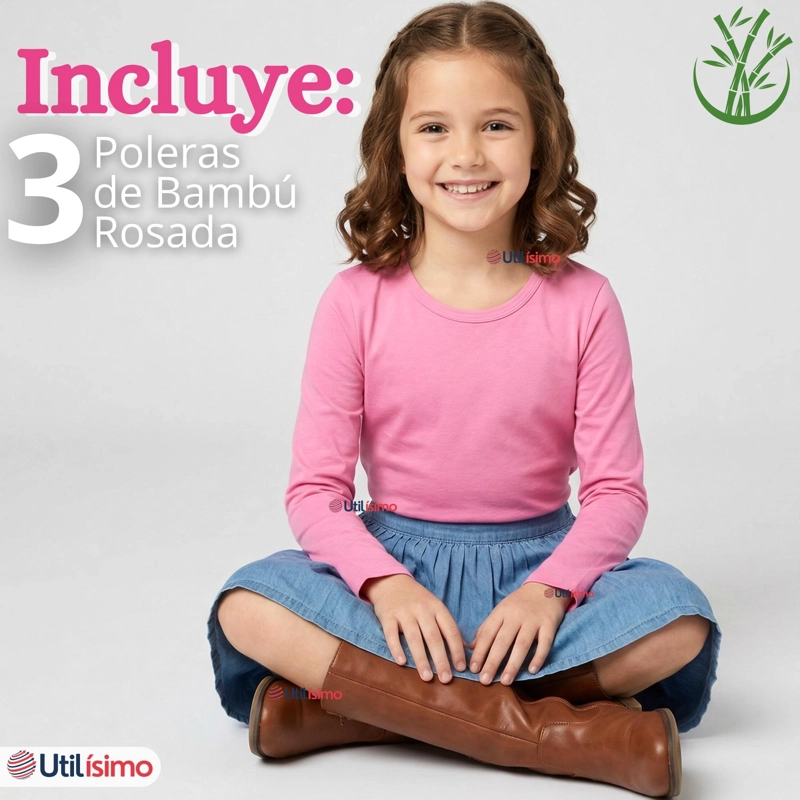 PACK 3 CAMISETAS POLERAS BAMBU CUELLO REDONDO ROSADO OSCURO PRIMERA CAPA MANGA LARGA NIÑA - 2