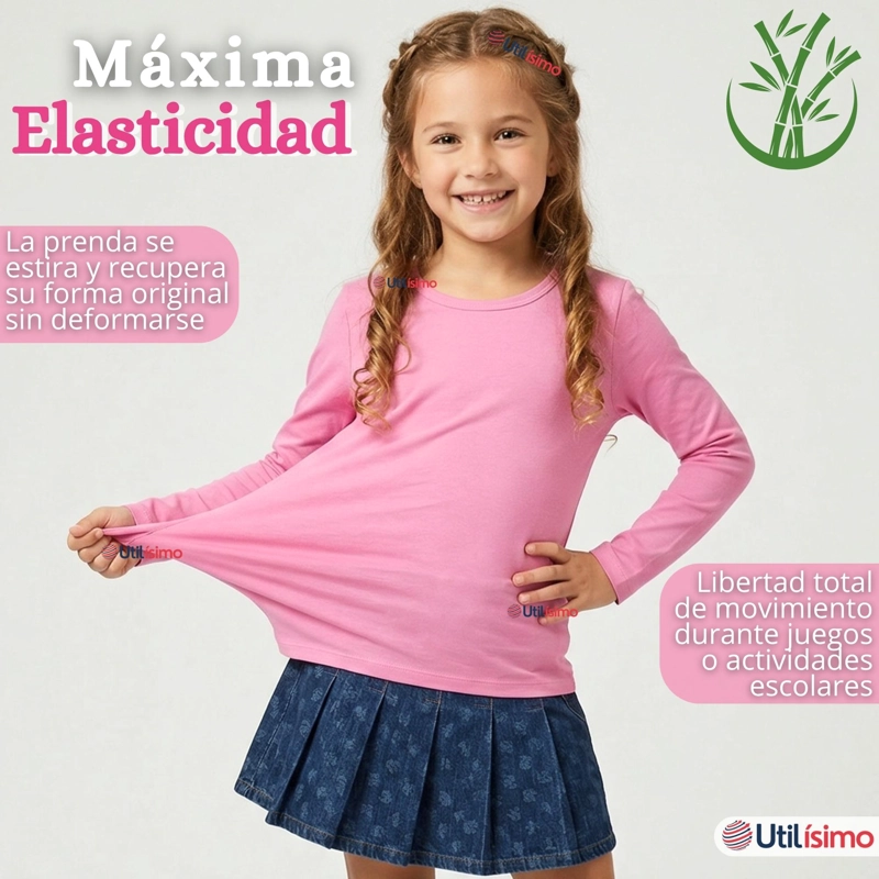 PACK 3 CAMISETAS POLERAS BAMBU CUELLO REDONDO ROSADO OSCURO PRIMERA CAPA MANGA LARGA NIÑA - 6