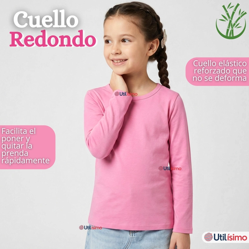 PACK 3 CAMISETAS POLERAS BAMBU CUELLO REDONDO ROSADO OSCURO PRIMERA CAPA MANGA LARGA NIÑA - 8