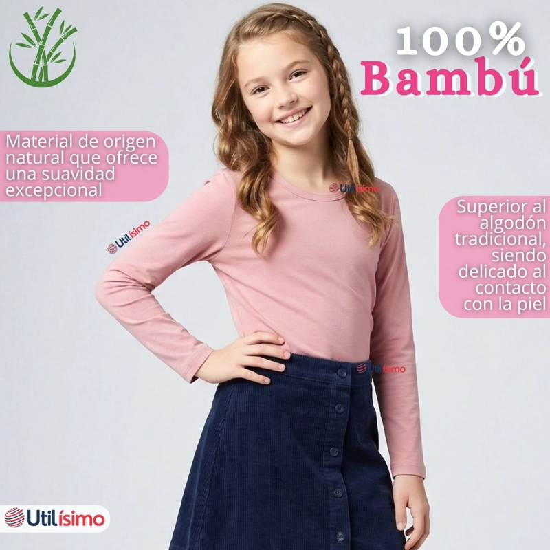 CAMISETA POLERA BAMBU CUELLO REDONDO ROSADO CLARO PRIMERA CAPA MANGA LARGA NIÑA - 4
