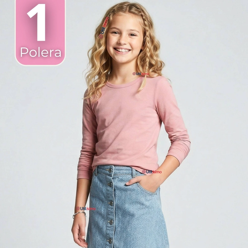 CAMISETA POLERA BAMBU CUELLO REDONDO ROSADO CLARO PRIMERA CAPA MANGA LARGA NIÑA - 1