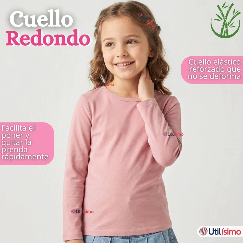CAMISETA POLERA BAMBU CUELLO REDONDO ROSADO CLARO PRIMERA CAPA MANGA LARGA NIÑA - 8