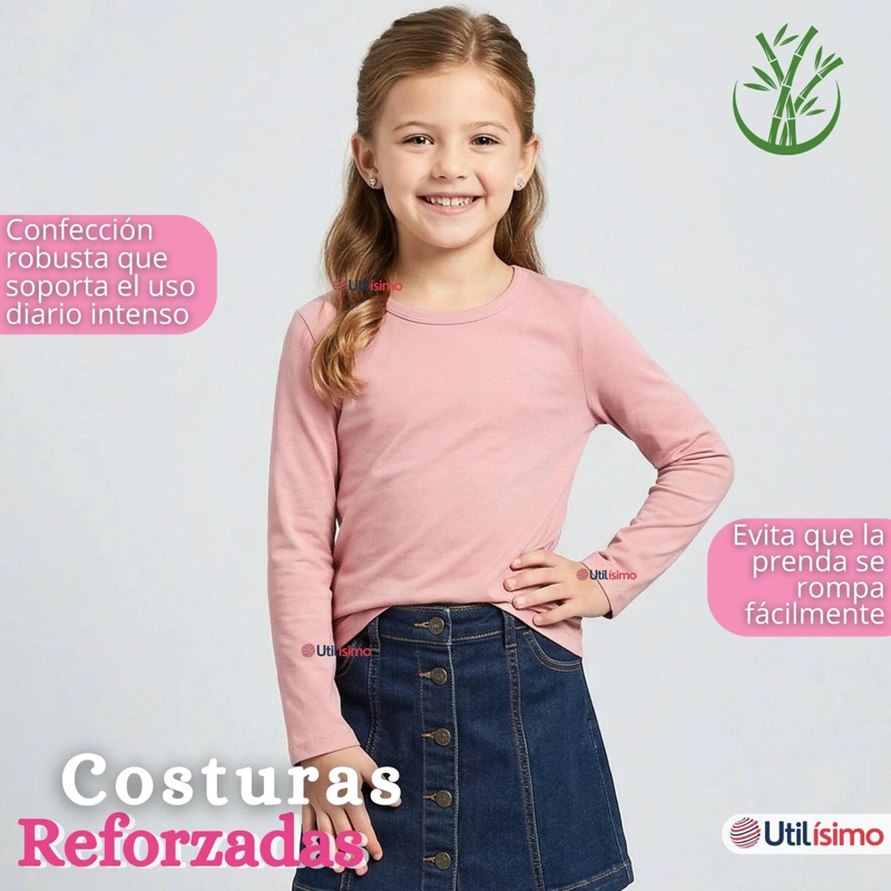 CAMISETA POLERA BAMBU CUELLO REDONDO ROSADO CLARO PRIMERA CAPA MANGA LARGA NIÑA - 10