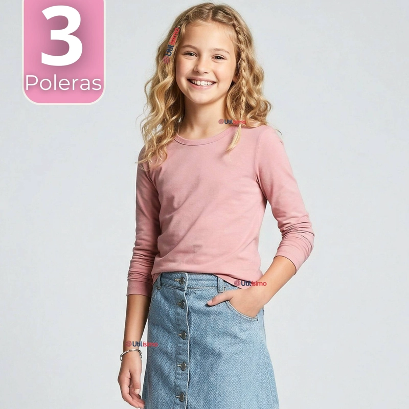 PACK 3 CAMISETAS POLERAS BAMBU CUELLO REDONDO ROSADO CLARO PRIMERA CAPA MANGA LARGA NIÑA - 1