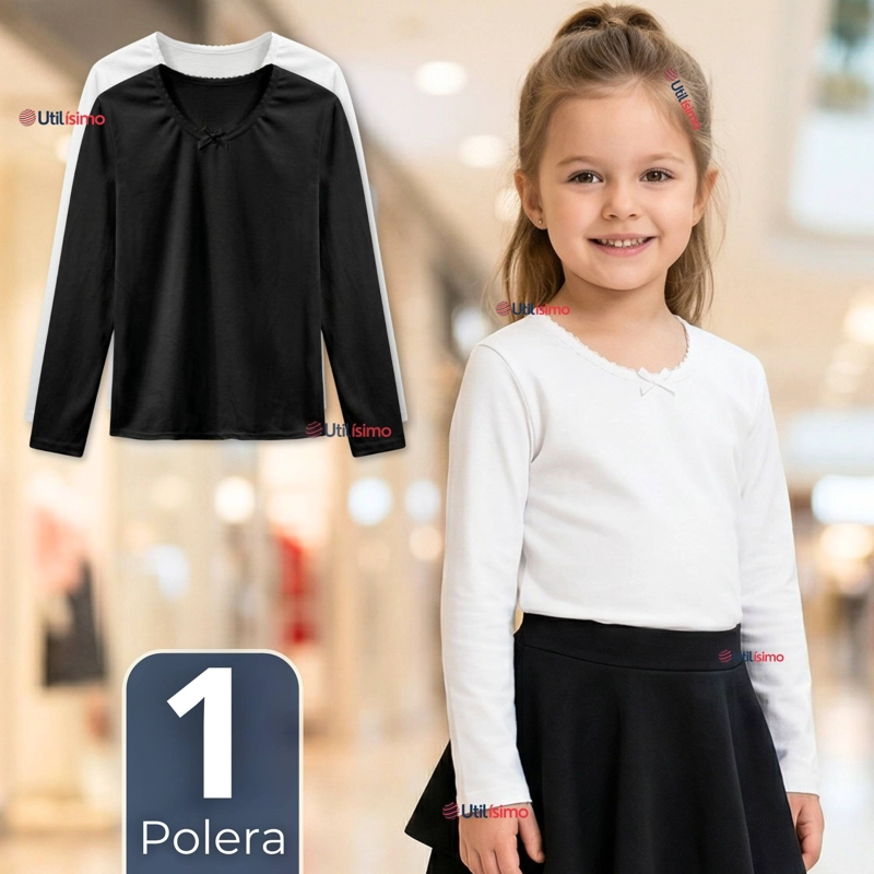 CAMISETA POLERA ALGODON CUELLO REDONDO PRIMERA CAPA MANGA LARGA COLOR BLANCO Y NEGRO NIÑA - 1