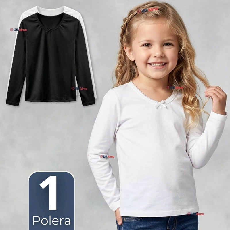 CAMISETA POLERA ALGODON CUELLO REDONDO PRIMERA CAPA MANGA LARGA COLOR BLANCO Y NEGRO NIÑA - 1