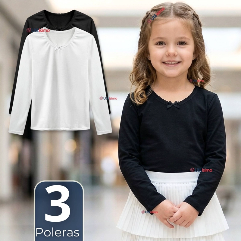 PACK 3 CAMISETAS POLERAS ALGODON CUELLO REDONDO PRIMERA CAPA COLOR BLANCO Y NEGRO NIÑA - 1